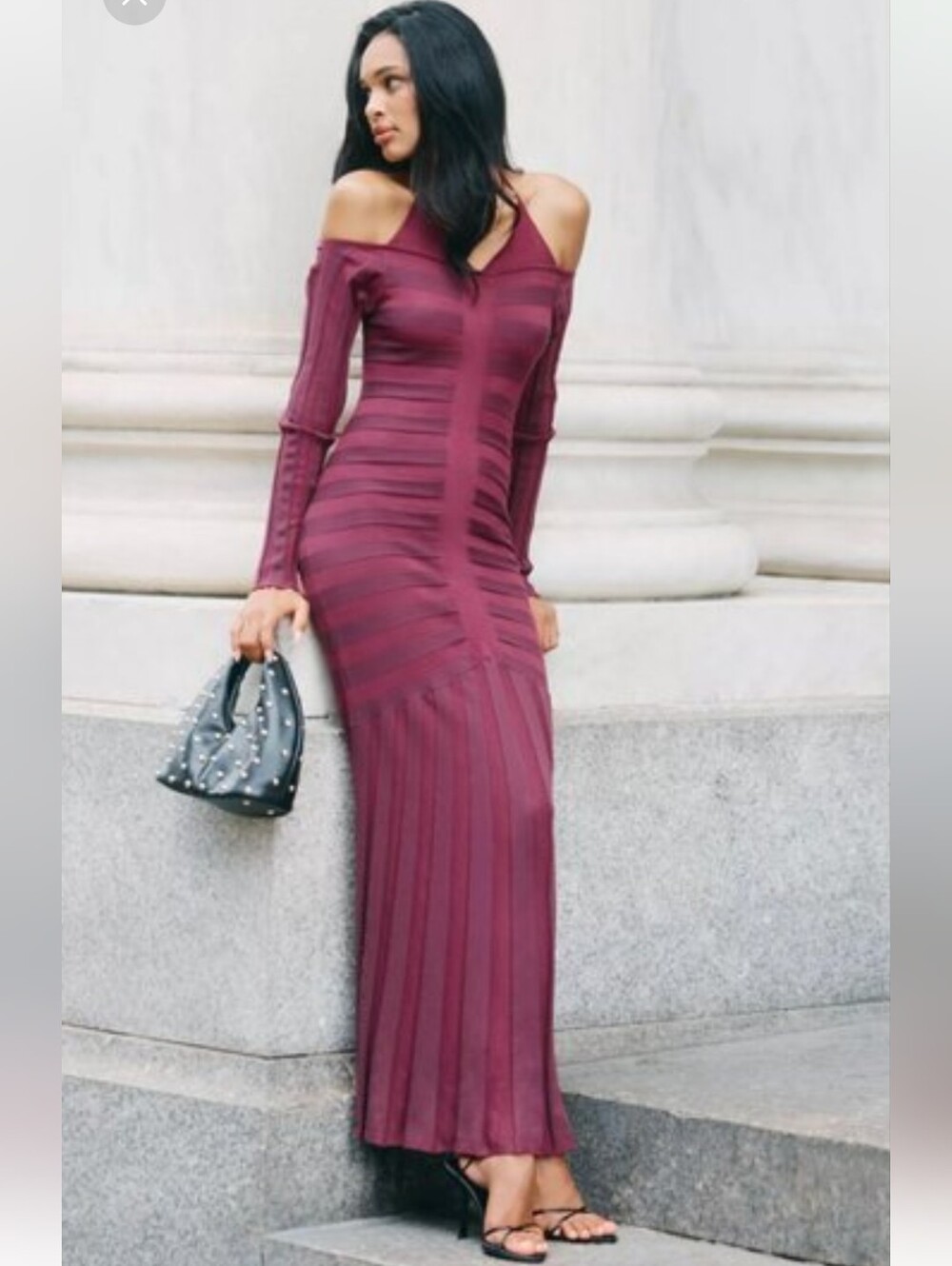 Anthropologie Cold Shoulder Knit Maxi Dress Wine Sweater Dress Pleated Halter